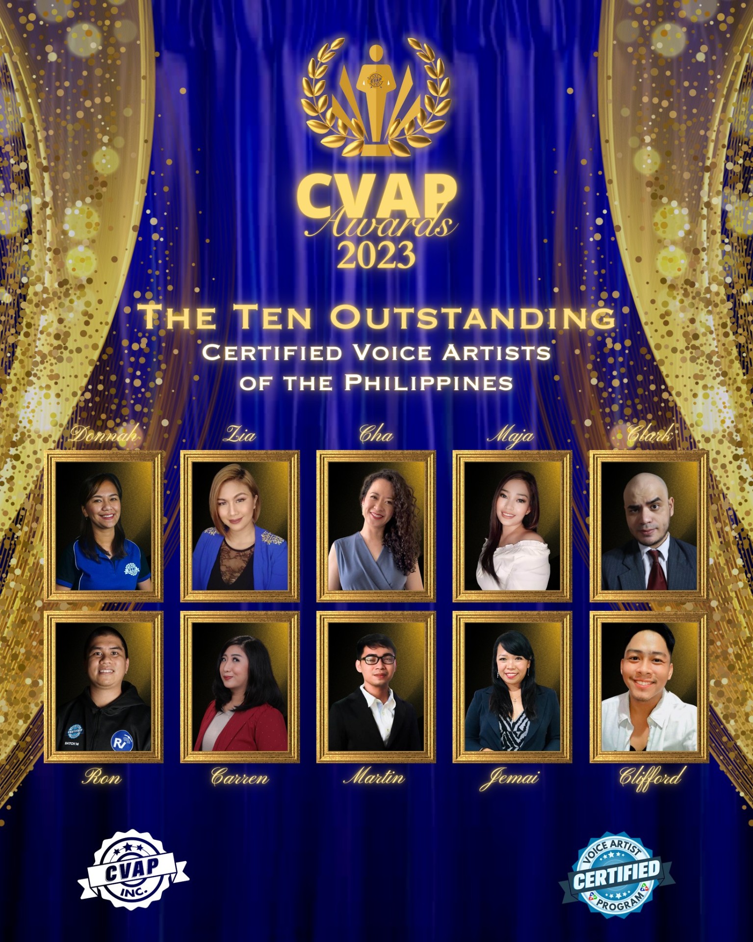 CVAP Awards 2023 - Celebrating the Ten Outstanding Certified Voice Artists of the Philippines - Donnah, Zia, Cha, Maja, Clark, Ron, Carren, Marlin, Jemai, and Clifford